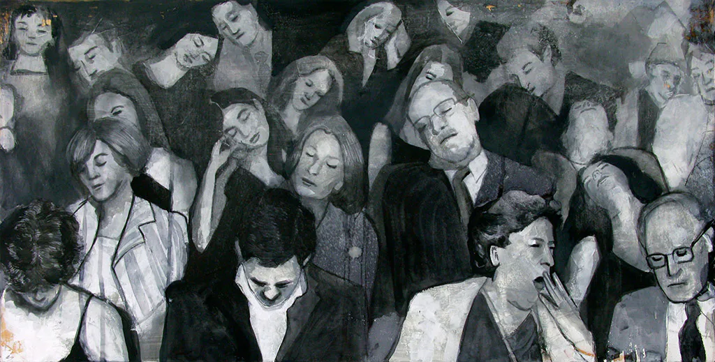<p>Silencio. La multitud duerme. (2015), tinta china, acrílico y óleo sobre madera, 40x80 cm</p>
