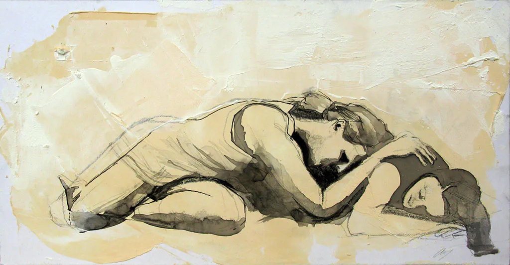 <p>Estudio un duelo (2015), grafito, carboncillo, acrílico y gesso sobre papel, 15x29 cm</p>
