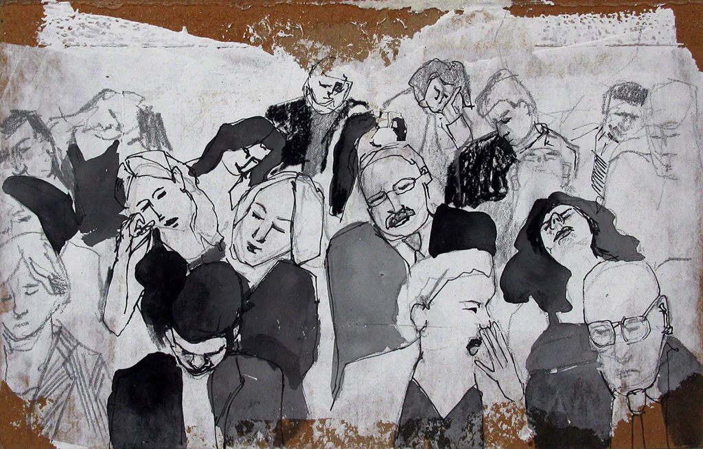 <p>Estudio multitud (2015), grafito, carboncillo, tinta china, acrílico y gesso sobre papel, 14x21.5 cm</p>
