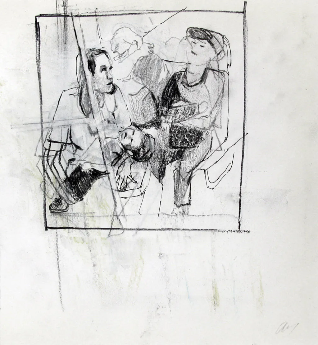 <p>Estudio escena en metro I (2015), grafito, carboncillo y gesso sobre papel, 17x18 cm</p>
