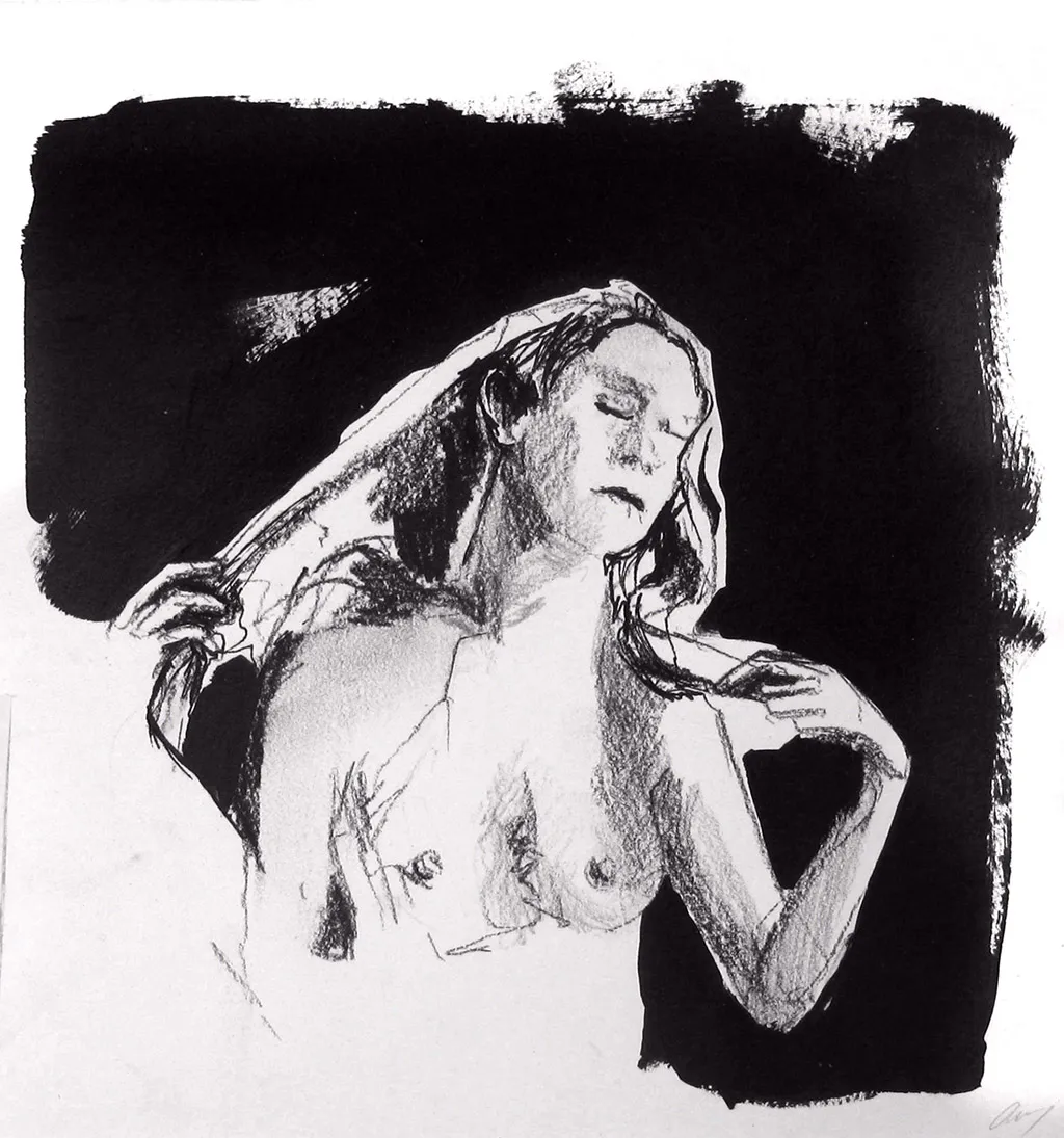 <p>Estudio autorretrato en blanco (2015), grafito, carboncillo, acrílico sobre papel, 16.5x18 cm</p>
