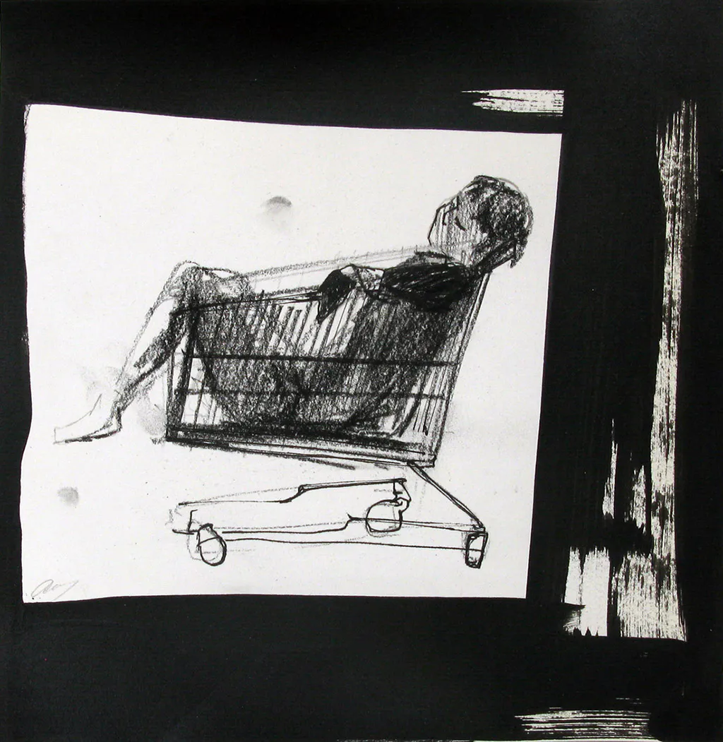 <p>Estudio shopaholic (2015), grafito, carboncillo y acrílico sobre papel, 17.5x17.7 cm</p>
