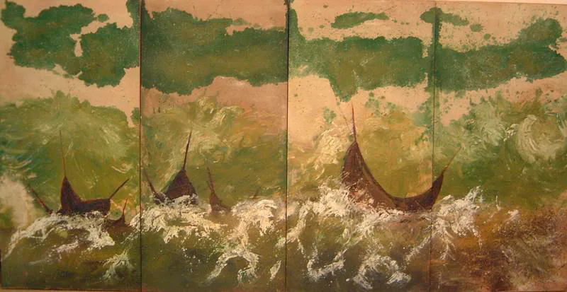 <p>Mar verde con tormenta | tierra y óleo sobre madera | 122 x 240 cm. | 2009</p>
