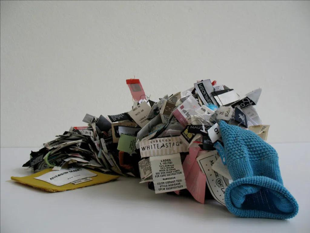 <p>Identidad | etiquetas de ropa/flechas de plástico/calcetín | 50 x 10 x 6 cm | 2010</p>
