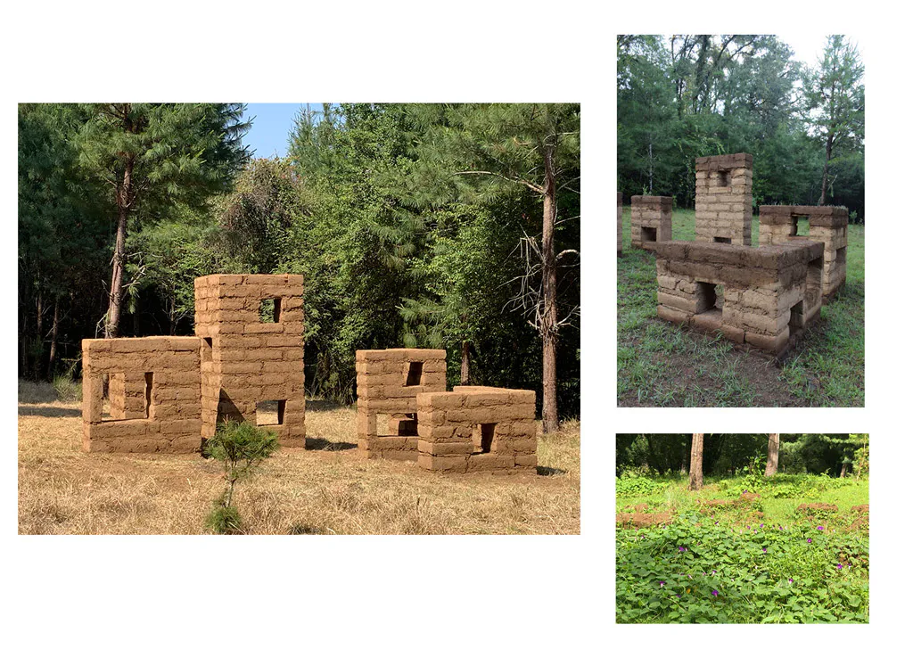 <p>Disolución, 2019| Intervención degradable | Ocojal, lama de borrega, cemento y tierra | 2.34 x 5.30 x 4 m. | Valle de Bravo, Estado de México, México</p>
