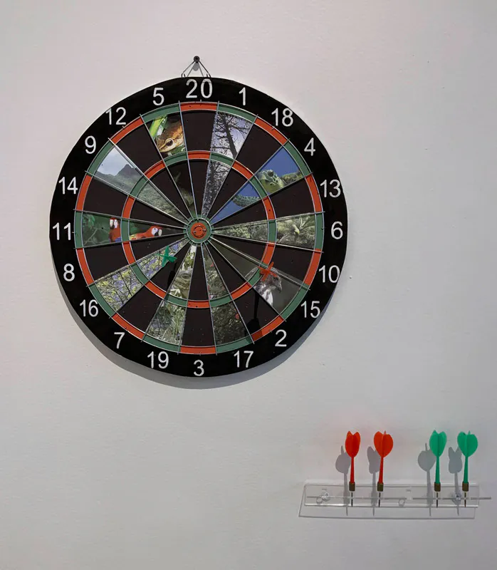 <p>Antropoceno, 2018 | Dardera modificada con imágenes de especies animales y vegetales en peligro de extinción| 40 Ø x 6 cm.</p>
