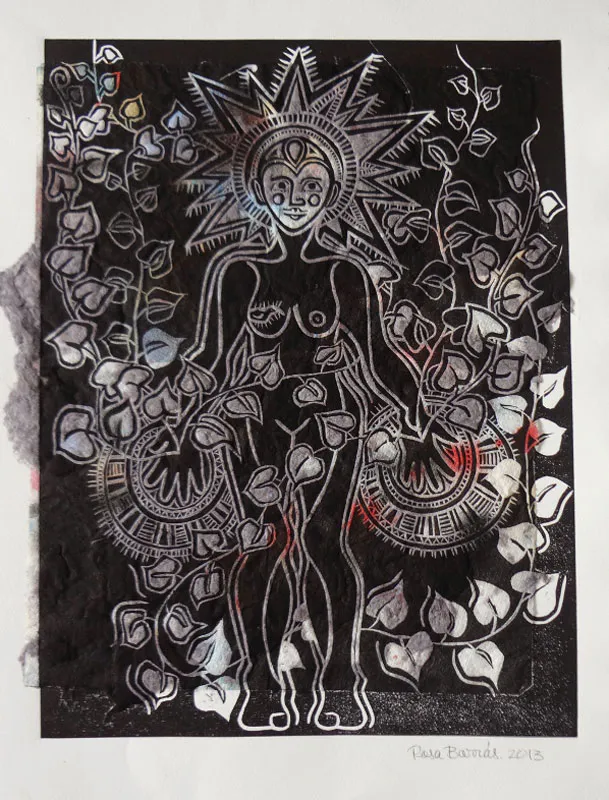 <p>Fibras (yo soy la vida) | Grabado en linóleo estampado sobre toallas de papel con acuarela y pelusas de secadora | 57 x 38 cm | 2013</p>
