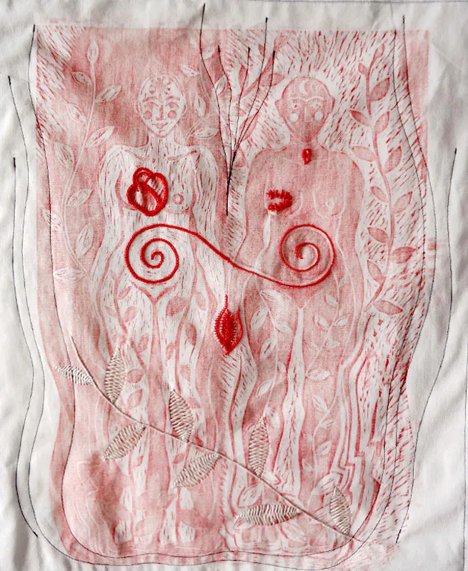 <p>Las dos Rosas | Matriz grabada en linóleo, frotagge de crayola sobre manta, bordado a mano y cosido a máquina con hilos de algodón | 70 x 78 cm | 2014</p>
