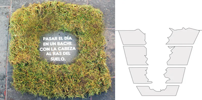 <p>Topo | Mixta con pasto y recorte de vinilo. Instalación colocada sobre una banqueta.  | Topography of a slot | Impresión digital | 2008</p>
