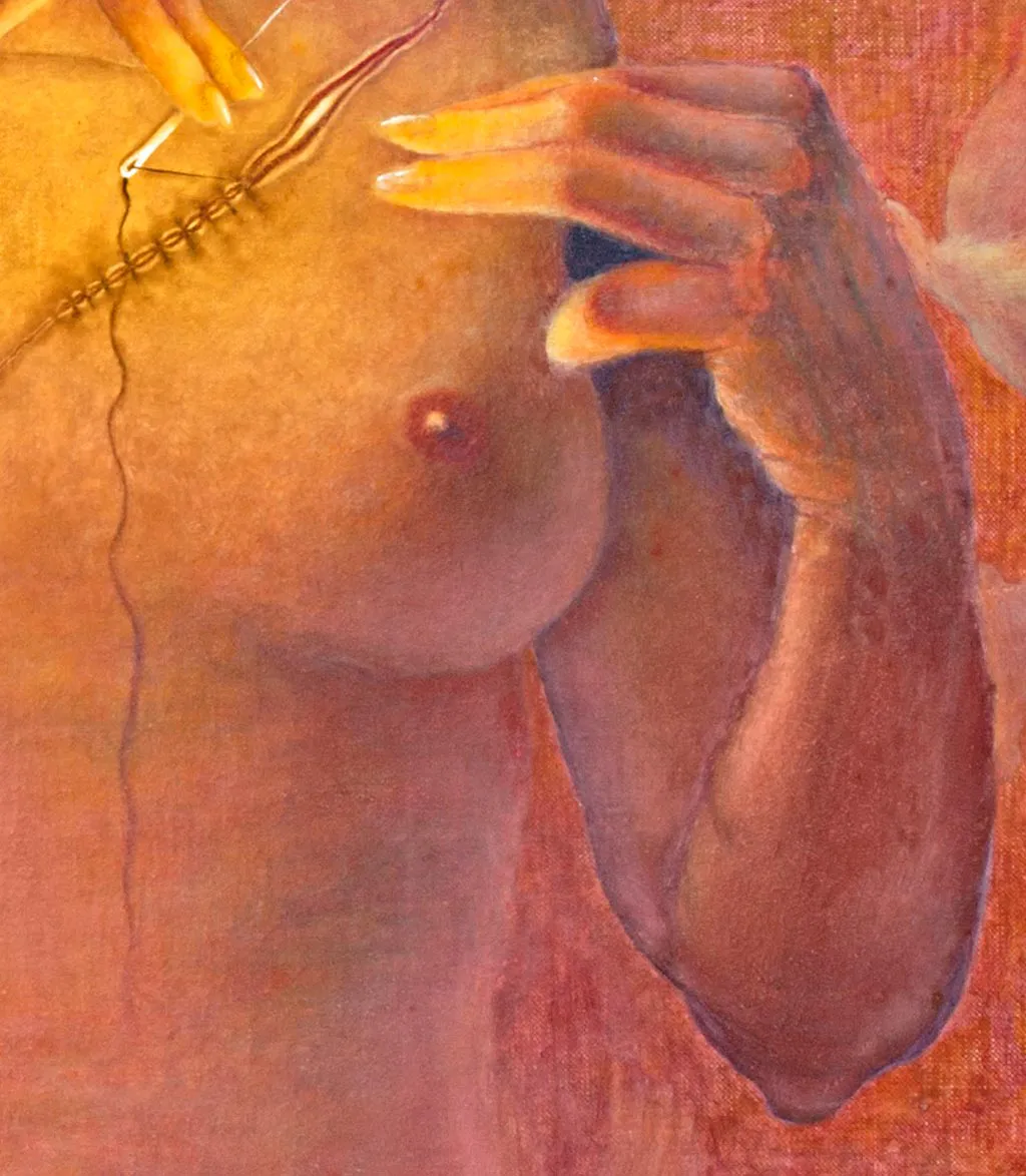 <p>Zurcidora de mi propia vida | Temple y óleo sobre lino / madera | 80 X 80 cm | 2013</p>
