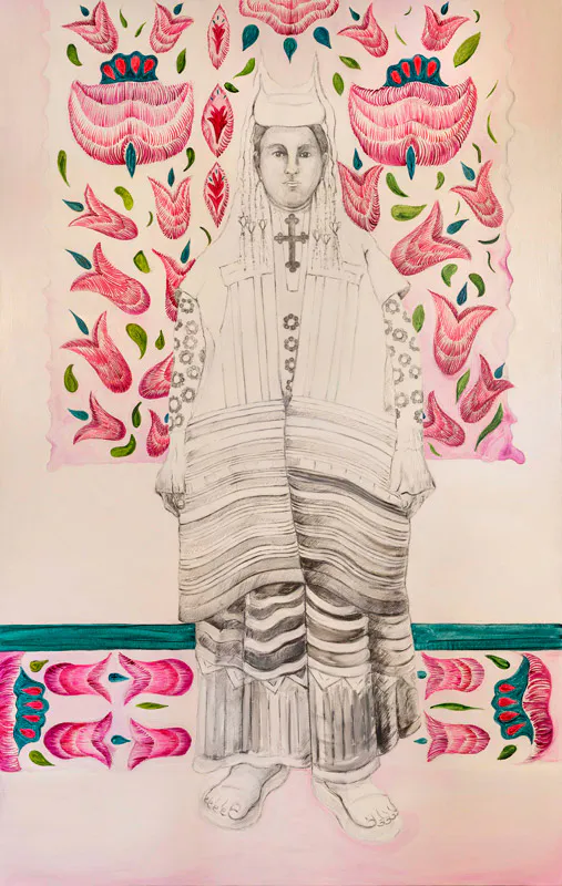 <p>Mujer de Ryazán, Rusia, entretejida con textil oaxaqueño, de la serie Guerreras en el Tiempo. 2021. Oleo y acrílicos sobre tela. 190 x 120 cm.</p>
