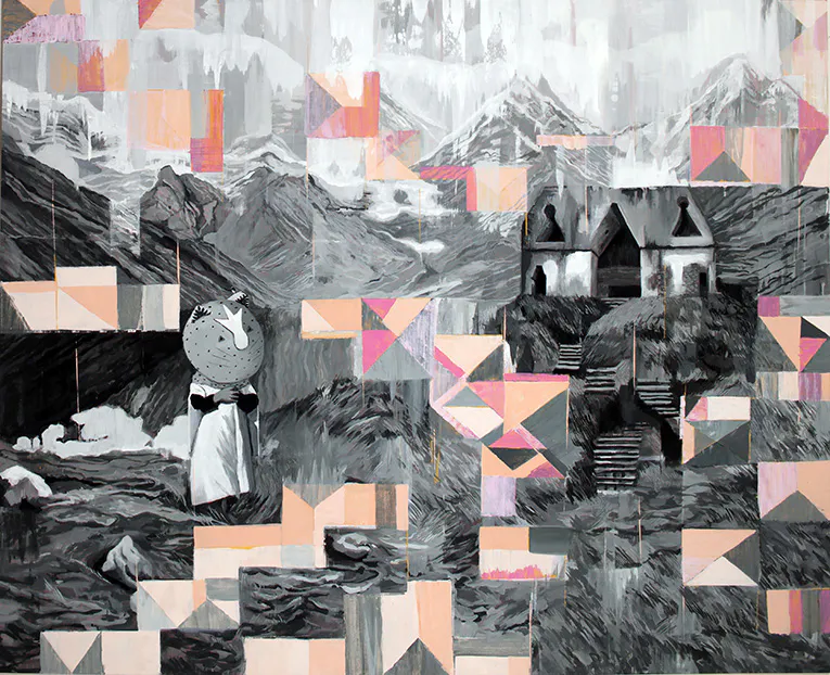 <p>De la serie Pedir la lluvia, Chamana-Tigrada con casa de cruces, 2016 Acrílico s/lienzo | 180 x 220 cm</p>
