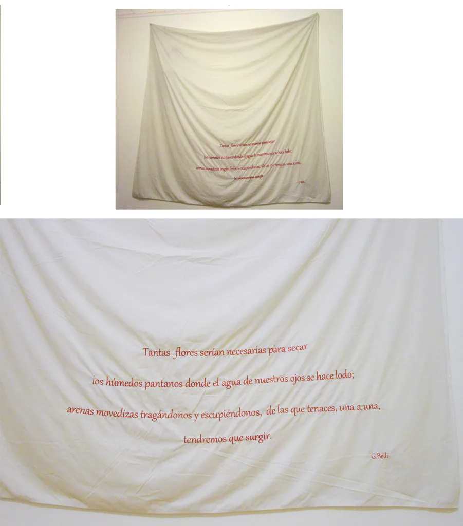 <p>Tantas flores... | Sábana, bordado, maniqui | 180 x 240 cm.   | 2016</p>
