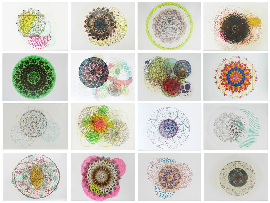 <p>Dibujos a lápiz, plumón, pastel e impresiones a color en acetato/papel 18 x 24 cm c/u 2012</p>
