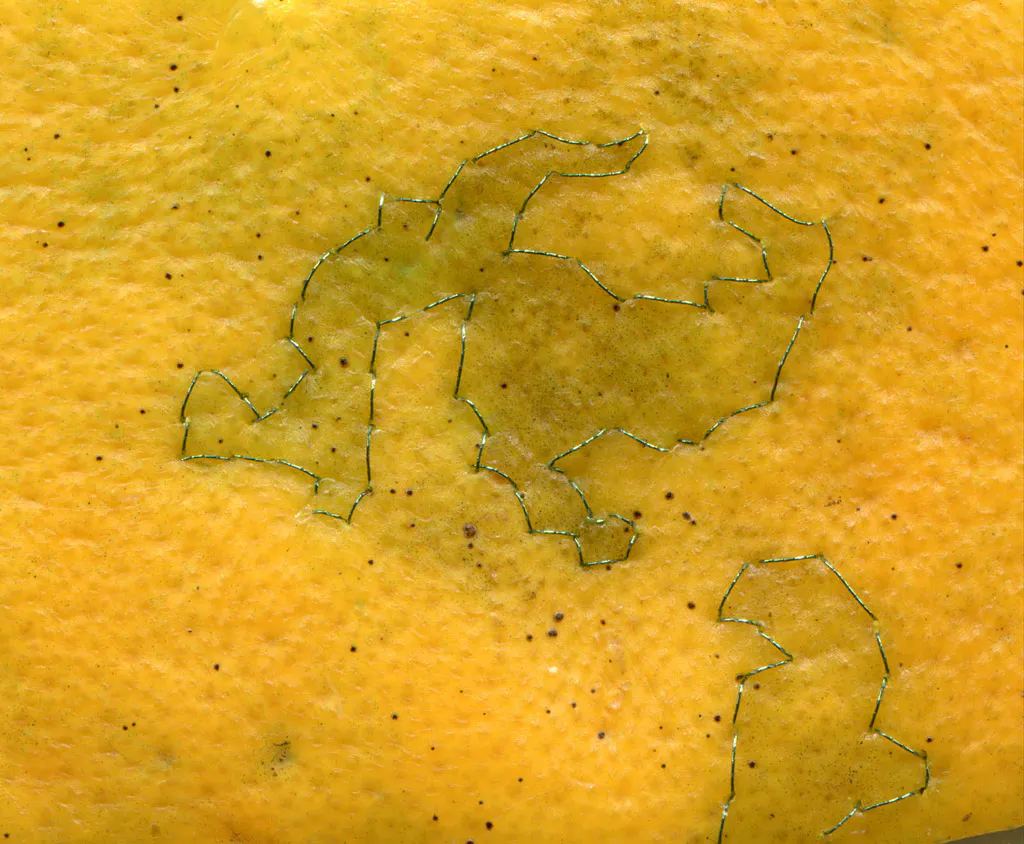 <p>De la serie,Planetas, Cítricos. 2012. Impresión digital 70 x55cm. | Cáscaras bordadas de mandarina, toronja,naranja y lima.</p>
