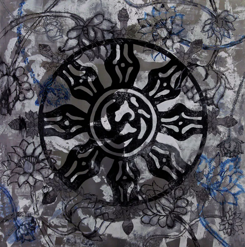 <p>Rueda del Dharma | Punta seca, acrílico y tintas sobre aluminio | 91 x 91 cms | 2009</p>
