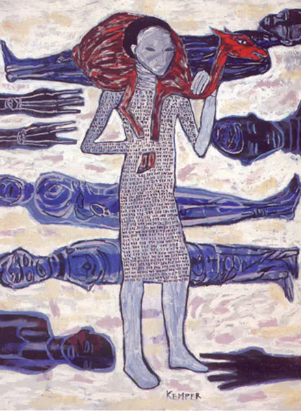 <p>Esfinge en vestido de diario | arena, agua, acrílico y cola sobre lino | 101x137cm</p>
