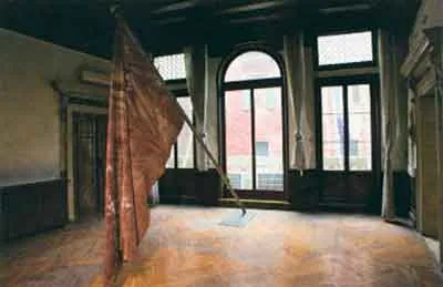 <p>¿De qué otra cosa podríamos hablar? Bandera, 2009 | Tela impregnada con sangre tomada del lugar donde cayeron los cuerpos de personas asesinadas en la frontera norte de México | 2006</p>
