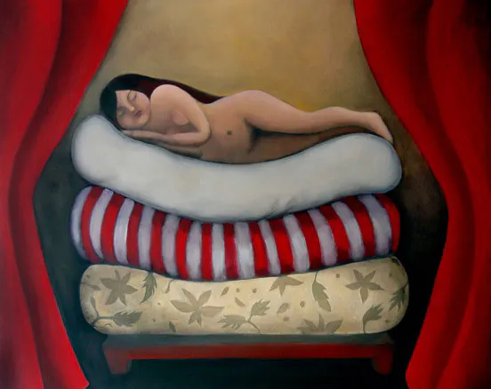 <p>De la serie Cuentos de Hadas | La princesa y el frijol | oleo/tela 122x152 cm | 2011</p>
