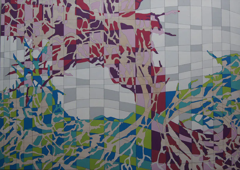 <p>El árbol se pliega en el horizonte 1 | Pintura vinil-acrílica/madera | 122 x 172 cm | 2012</p>
