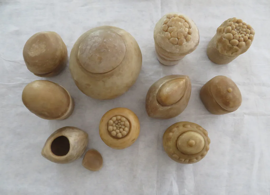 <p>Contenedores de cera de abeja para miel. 2010. Entre 10 y 18 cm de alto.</p>
