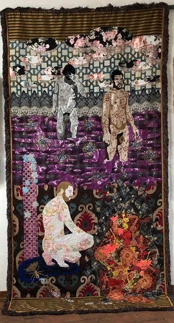 <p>Hombre nuevo / New Man. 2020. Aplicaciones de tela y vinilo, bordado sobre tela. 313 x 145 cm.</p>
