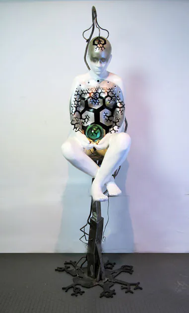 <p>Cosmic meditation 2016 Yeso cerámico, metal, vidrio y luz 200 x 45 x 72.5 cm..</p>
