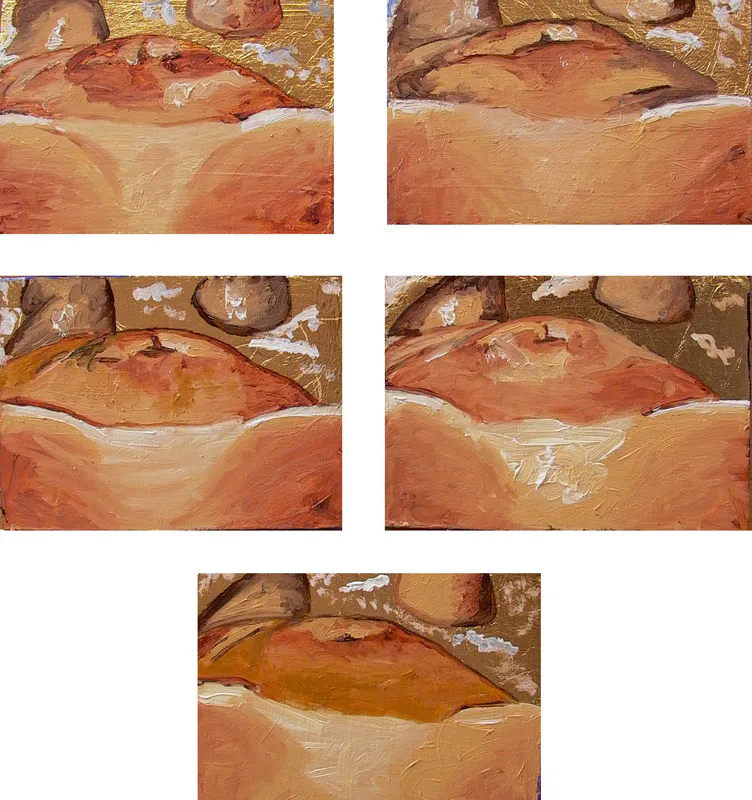 <p>Ligadura | 2007 | Óleo y hoja de oro/madera | 5 módulos de 7 x10 cm.</p>
