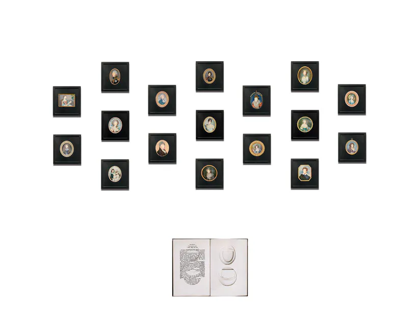 <p>El pasado instrucciones de uso. Libro de miniaturas, intervenido. He recortado las imágenes de retratos en miniatura, a las cuales les he borrado el rostro con óleo. 250 x 120 cm.</p>
