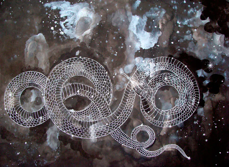 <p>Serpientes cósmicas | tinta china y pluma | 50 x 70 cm | 2008</p>
