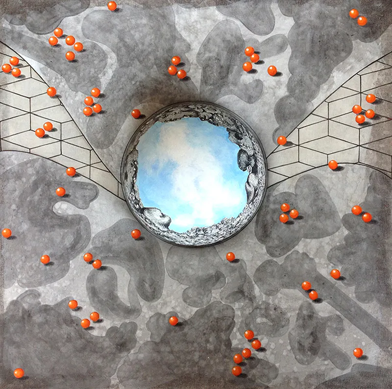 <p>Bóveda | Acrílico y Prismacolor / tela y madera | 45 x 45 x 10 cm. | 2016</p>
